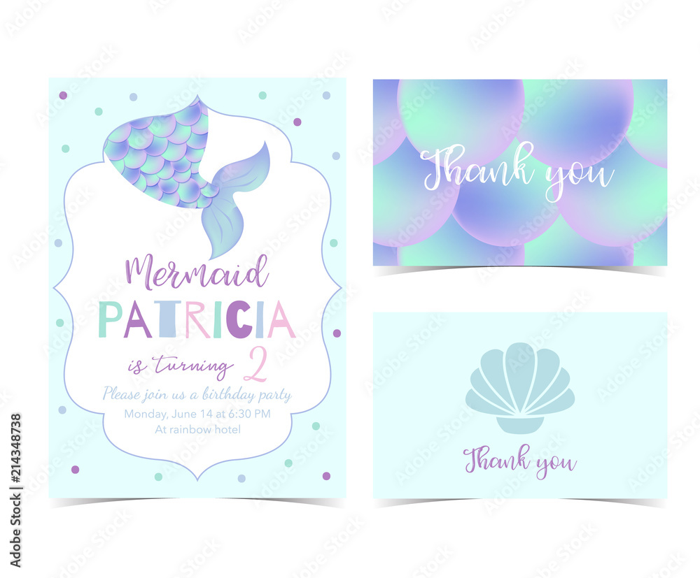 Hand drawn cute card with mermaid,fish scale and Scallop.Thank you