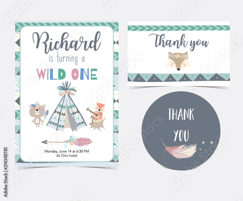 green hand drawn cute card with feather,tent,bear,fox,arrow and wild.Thank you