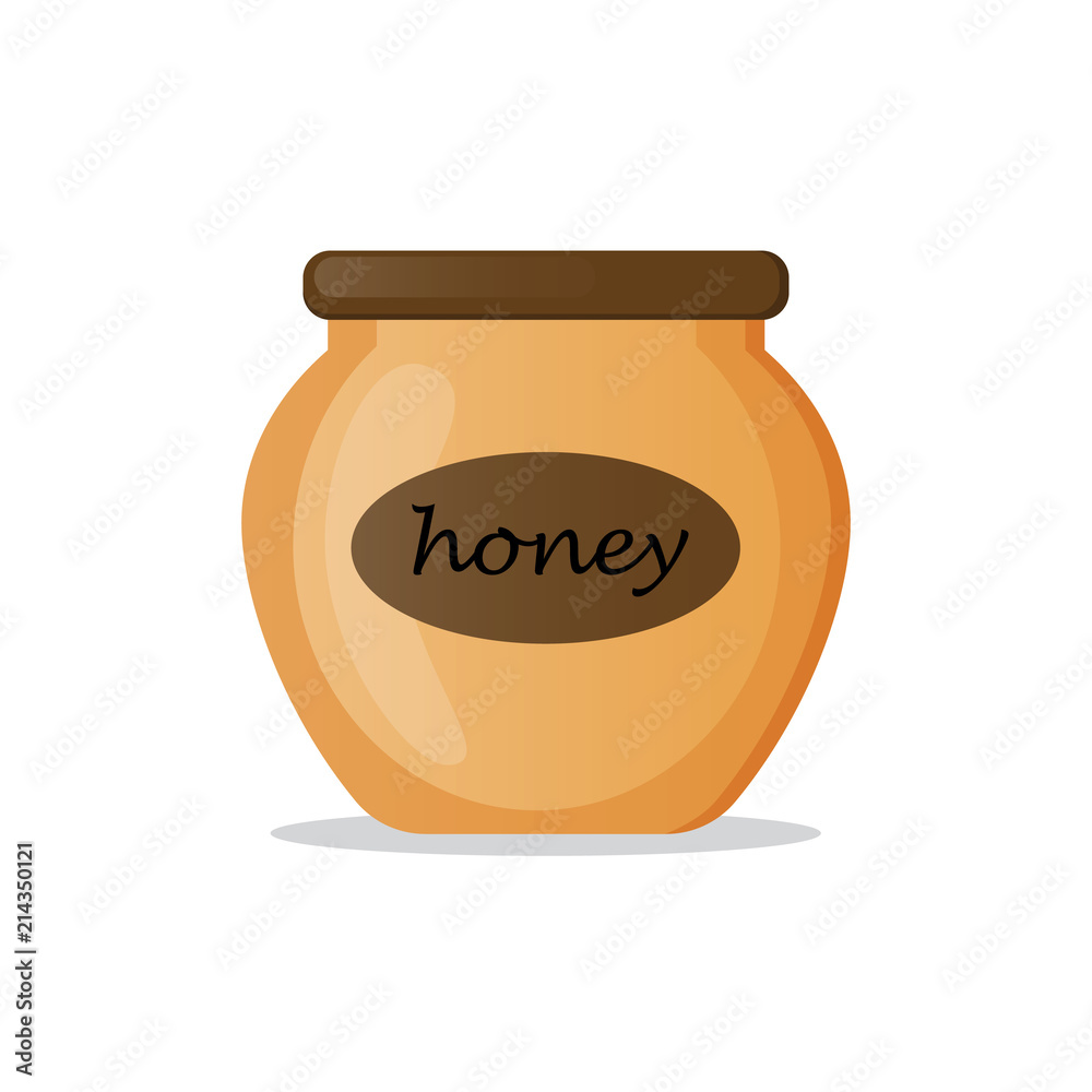 Honey jar isolated icon on white background. Natural sweet organic product from apiary farm.Flat style vector illustration Honey jar isolated icon on white background. Natural sweet organic product from apiary farm.Flat style vector illustration