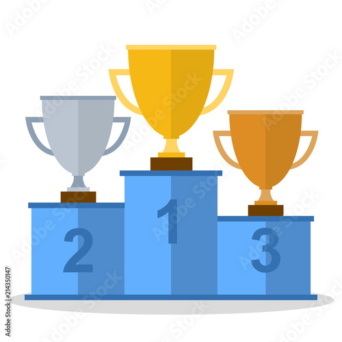 Business or sporting achievements. Gold, Silver and Bronze trophy Cup on blue prize podium.