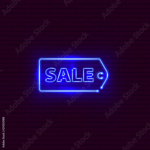 Sale neon sign on the brick wall. Vector Illustration