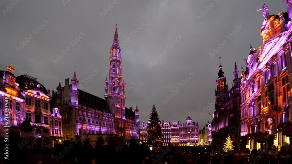 Winter Wonders sound and light festival in Brussels Grand Place, a colorful show that gathers tourists to admire Christmas tree by night in the city center