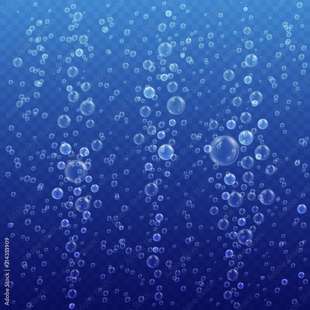 Underwater bubbles on blue transparent background. Realistic fizzing air bubbles. Effervescent drink. Vector illustration