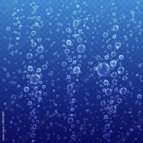 Underwater bubbles on blue transparent background. Realistic fizzing air bubbles. Effervescent drink. Vector illustration