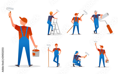Set of Painter Craftsman With Paint Roller. Flat Icon Vector Illustration Isolated on White Background.