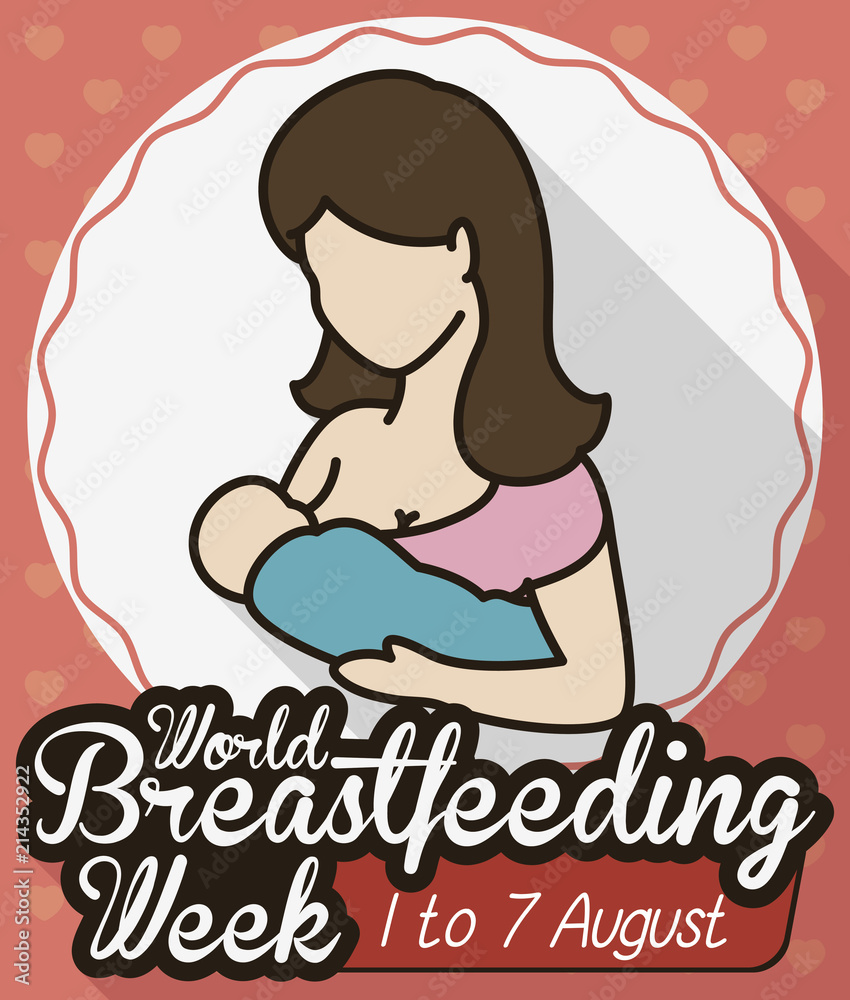 Mom with her Baby Celebrating Breastfeeding Week in Flat Style, Vector Illustration