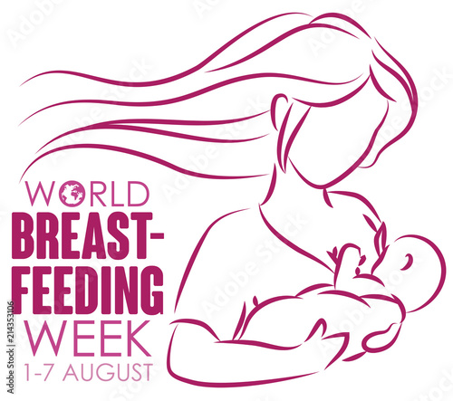 Long Haired Mom and Baby for World Breastfeeding Week, Vector Illustration