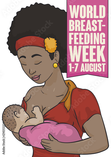 Brunette Mom with Her Baby for World Breastfeeding Week, Vector Illustration