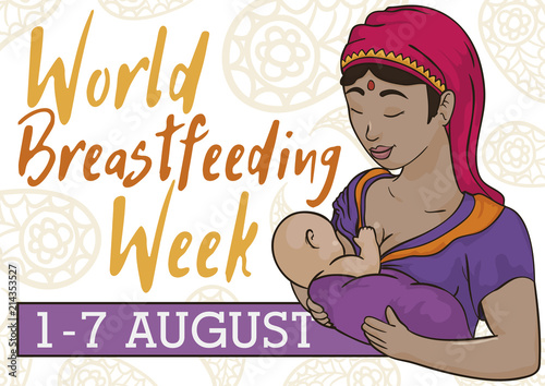 Indian Woman with Baby Celebrating World Breastfeeding Week, Vector Illustration