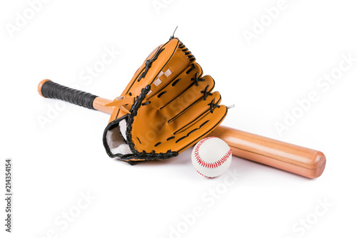 Baseball bat, ball and glove isolated over white photo