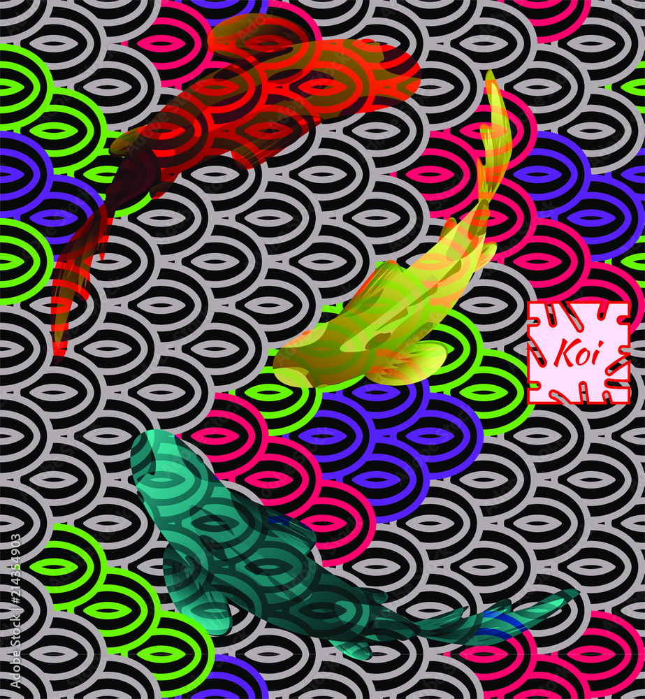 Set of  Fish Carp Koi on background of national oriental pattern, multi-colored fish scales Koi. Seamless pattern in bright colors.