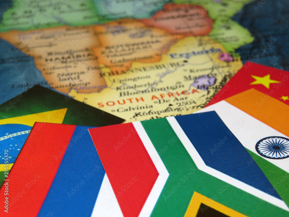 Fototapeta premium Flags of the BRICS countries on the South Africa map. Concept for summit of Brazil, Russia, India, China and South Africa in Johannesburg