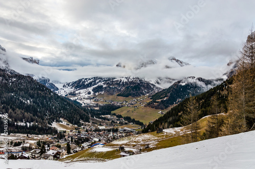 Beautiful view at the alpine village Corvara ski resort in Dolomites mountains  Alps region  Italy