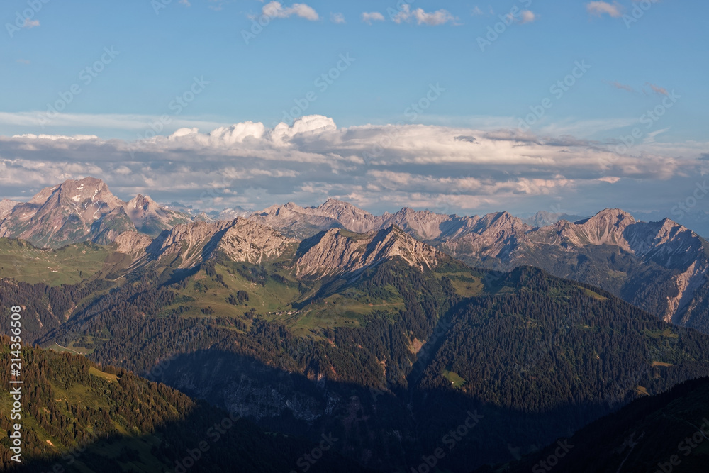 Sunset Lechquellengebirge mountains from Furkajoch, Austria