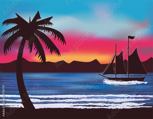 Tropical wallpaper with sailing vessel, palms and mountains , vector illustration