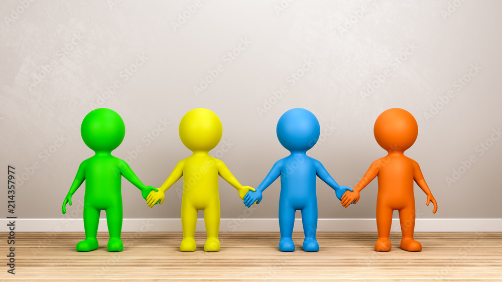 Multicolor Human 3D Characters Holding Hands in the Room Multicolor Human 3D Characters Holding Hands in the Room