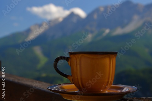 Tea cup on the mountains background