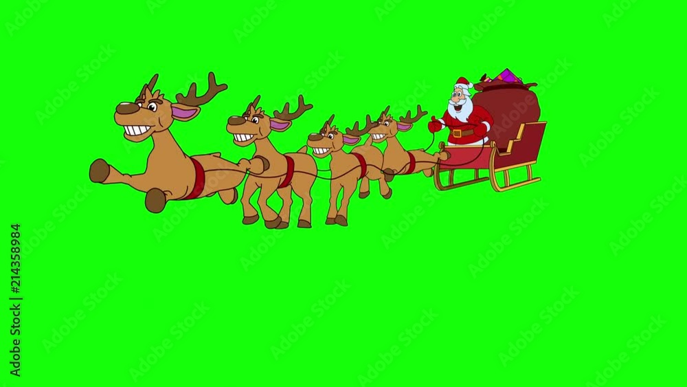 Santa Claus is quickly galloped with reindeer on Christmas sleigh. Looping animation on green background Santa Claus is quickly galloped with reindeer on Christmas sleigh. Looping animation on green background