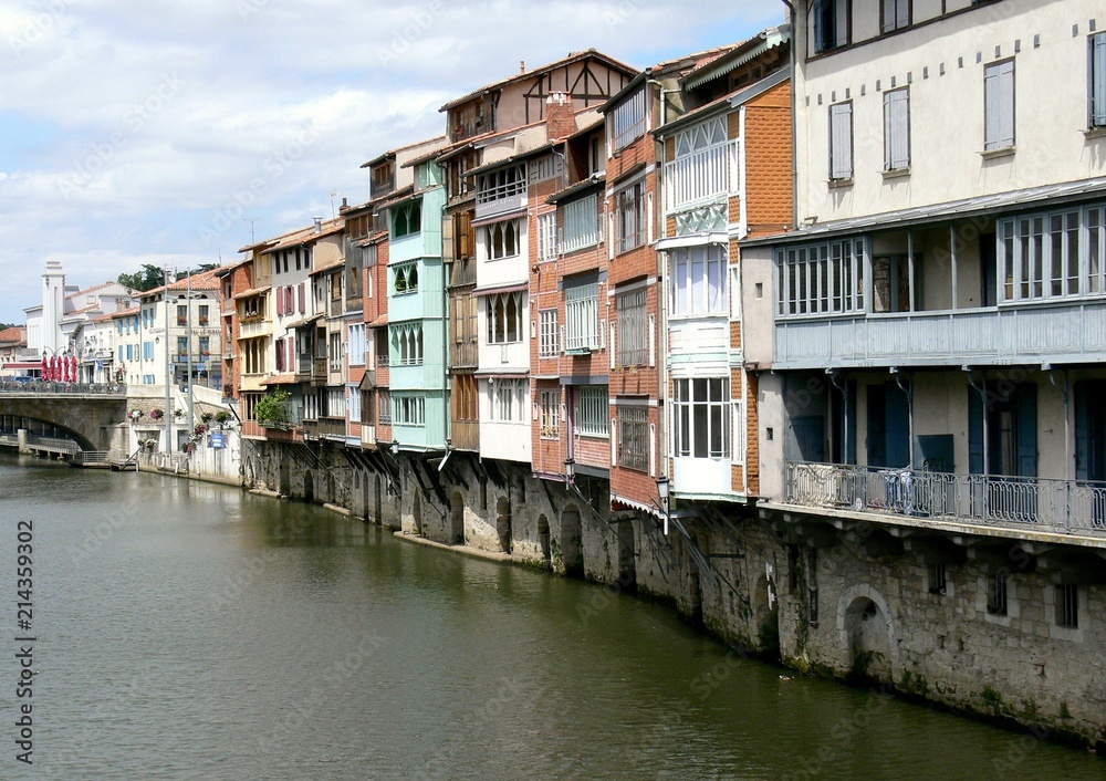 Facades of houses along the bank of the Tarn in Castres, France