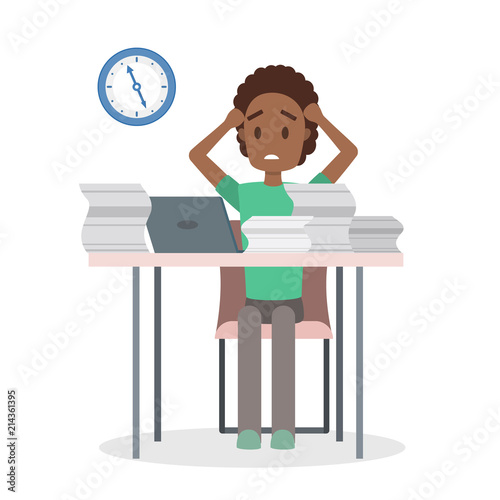 Tired office worker with huge pile of paper