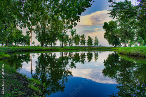 Park area with a beautiful lake