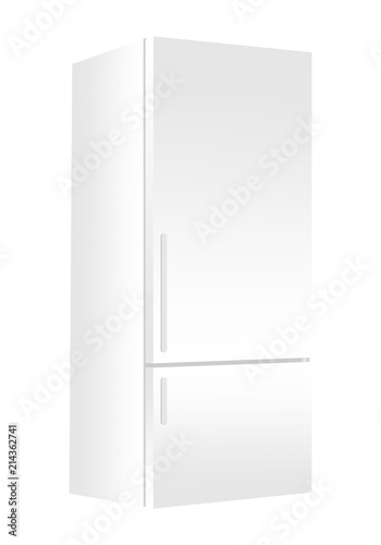White refrigerator with freezer on white background. Modern 3d fridge with door. Home kitchen electrical appliance.