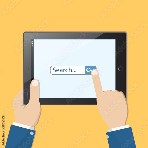 Tablet in the hands and search on tablet screen, stock vector illustration