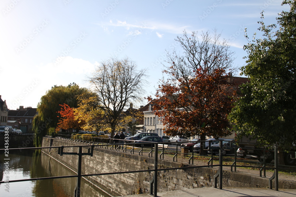Beautiful city with canal bridge and tree Beautiful city with canal bridge and tree