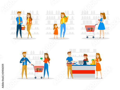 Set of people in supermarket