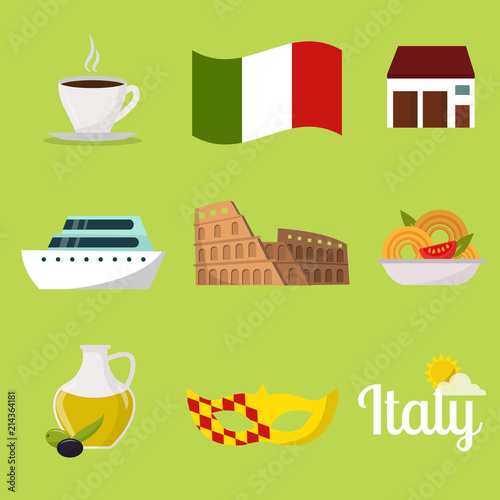 Italy travel vector attraction tourist symbols sightseeing world italian architecture elements illustration.
