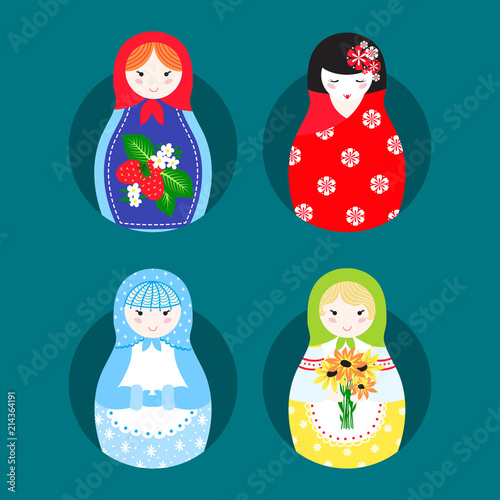 Matryoshka vector traditional russian nesting doll toy with handmade ornament figure pattern with child face and babushka woman souvenir illustration.