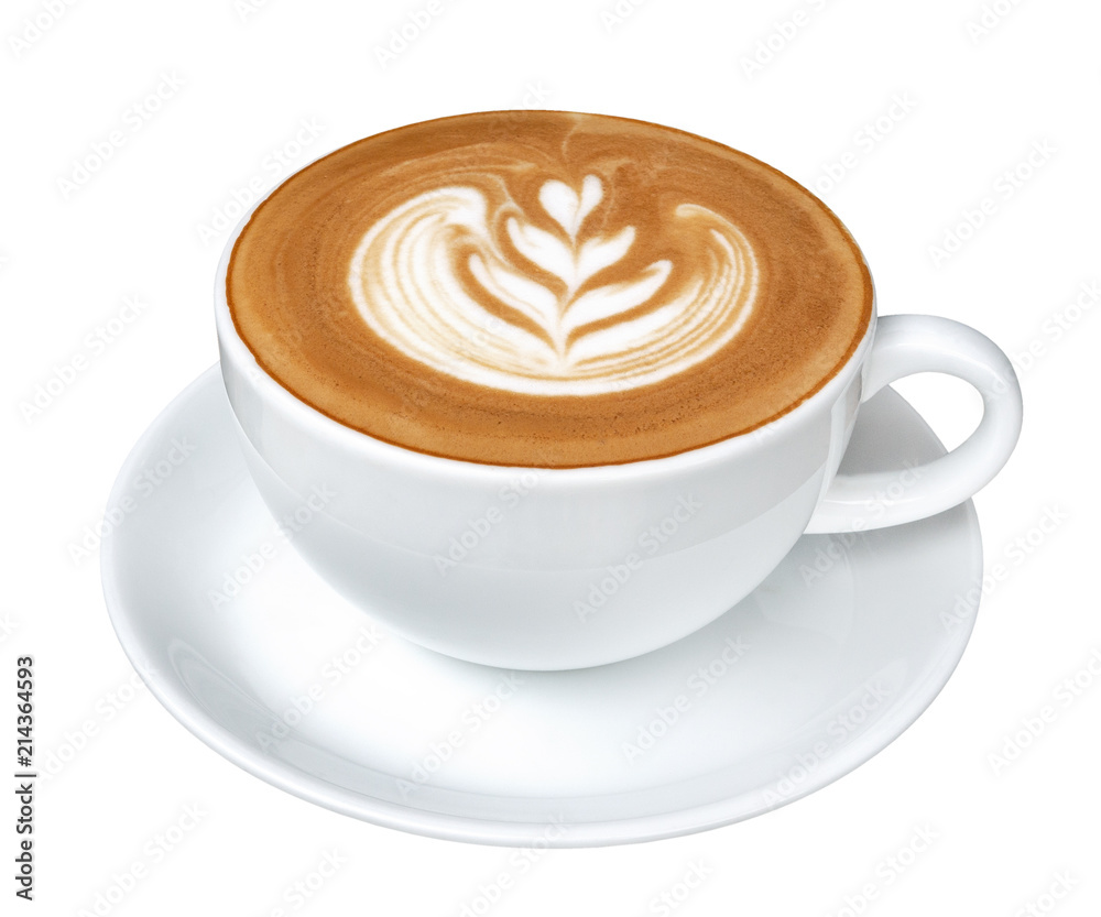 Fototapeta Gorąca kawowa cappuccino latte sztuka odizolowywająca na białym tle, ścinek ścieżka zawierać