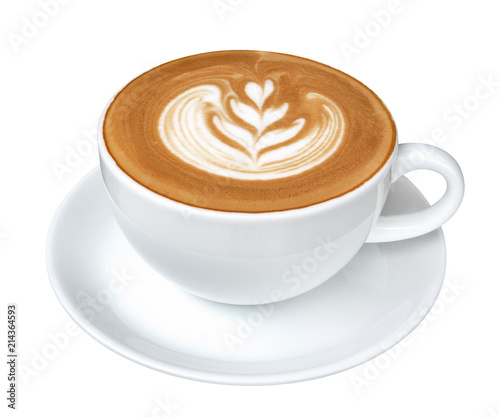 Hot coffee cappuccino latte art isolated on white background, clipping path included