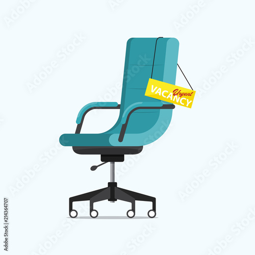 Office chair and a sign vacant with VACANCY URGENT message in side view. Business hiring and recruiting concept. Blue chair furniture for Interior in flat design. Vector illustration.