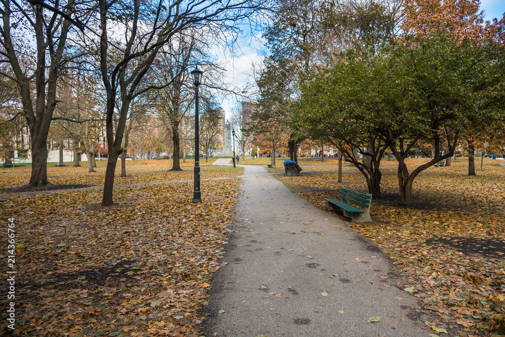 Naklejka premium Footpath Lined with Benches and Street Lights through a Public Park on a Sunny Autumn Day. Toronto, ON, Canada.