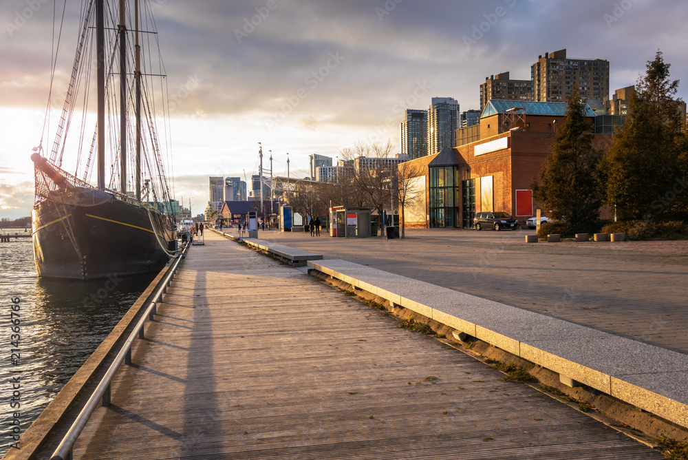 Boardwalk on Toronto Waterfront Lit by an Autumnal Setting Sun. ON, Canada. 