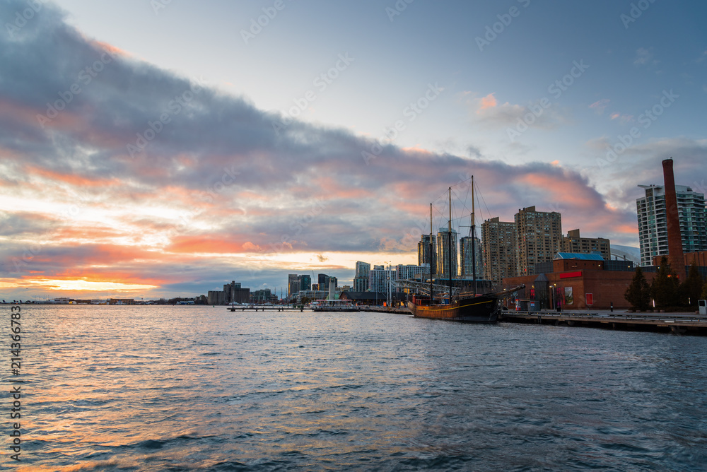 Colourful Sunset Sky over Toronto Waterfront on an Autumn Day. ON, Canada.