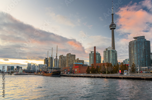 View of Toronto Skyline and Waterfront under a Beautiful Sunset Sky on an Autumn Day.