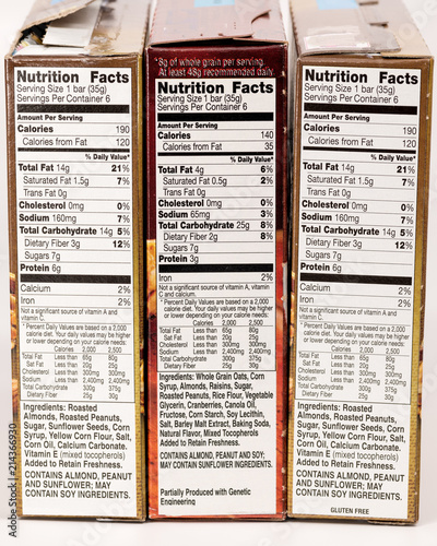 Facts on the side of three boxes listing nutrition information such as calories