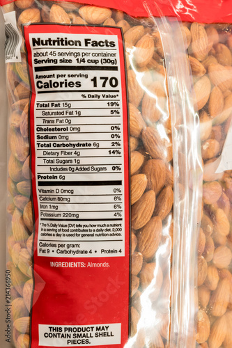 Nutritional fact on the bag of almond nuts close up