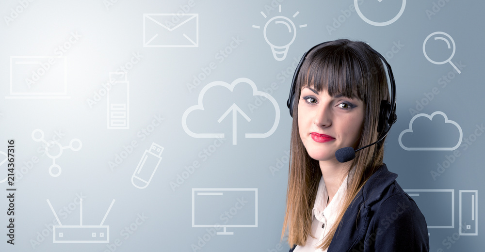 Young female telemarketer with white mixed media icons around her Young female telemarketer with white mixed media icons around her