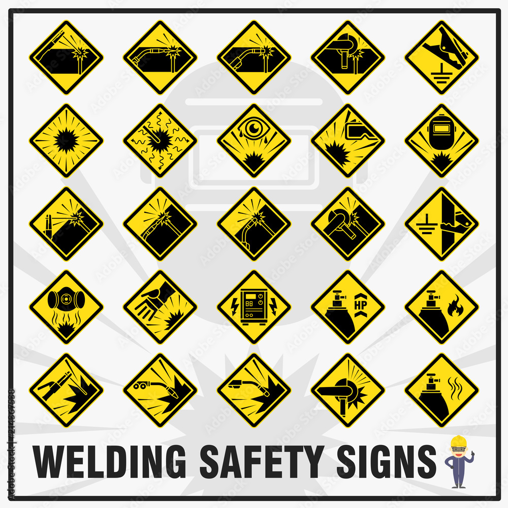 Set of safety signs and symbols for welding works. Safety signs use to remind all workers to be aware while at welding work activities. Set of safety signs and symbols for welding works. Safety signs use to remind all workers to be aware while at welding work activities.