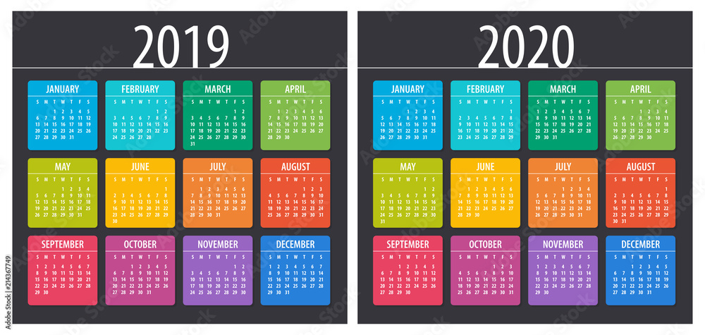 2019 2020 Calendar - illustration. Template. Mock up - obrazy, fototapety, plakaty 