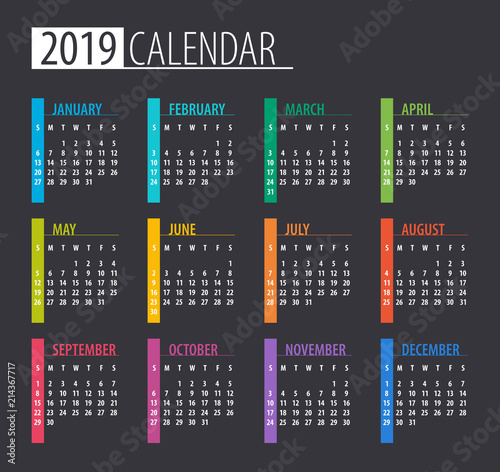 2019 Calendar - illustration. Template. Mock up