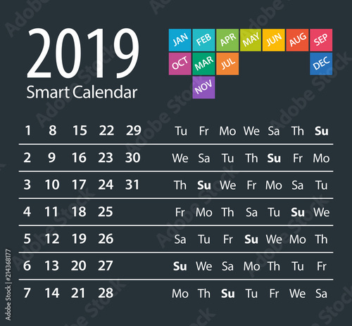 2019 Calendar Smart - vector illustration. Template. Mock up.