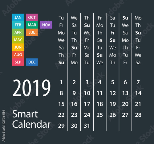 2019 Calendar Smart - vector illustration. Template. Mock up.