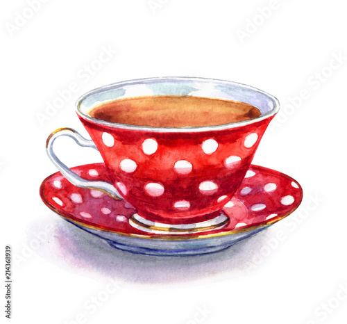 Red tea cup with polka dots, watercolor illustration on white background, isolated with clipping path.