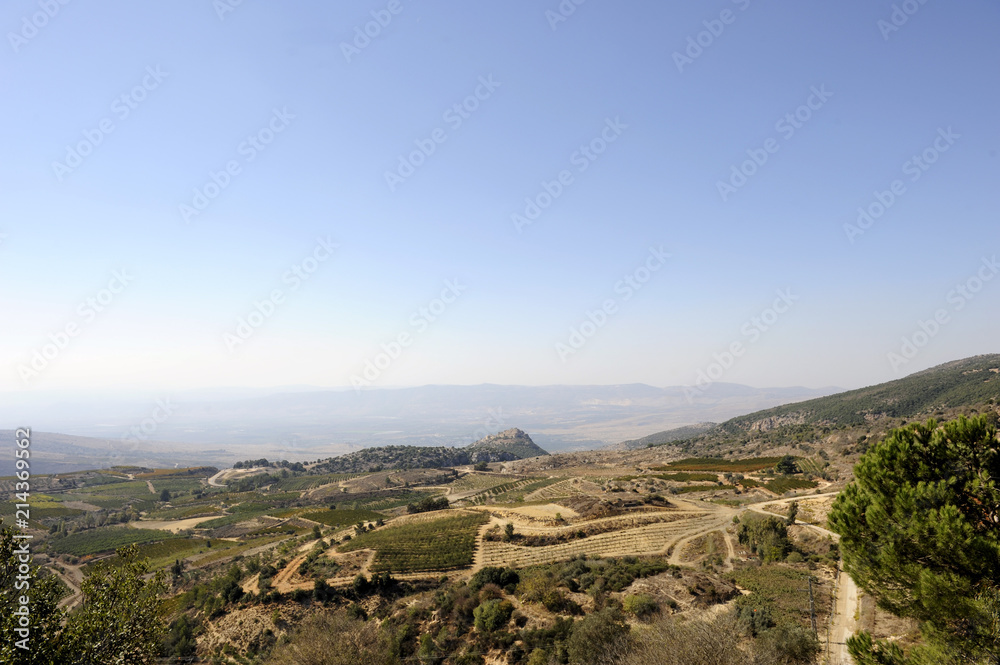Golanhöhen, Mitte hinten: Festung Nimrod, arab.: Qala'at al-Subeiba, Hermongebirge, Israel, Naher Osten, Vorderasien. Arabaische Festung, von Kreuzrittern erobert