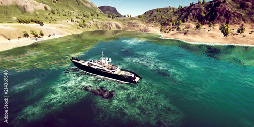 Fototapeta Naklejka Na Ścianę i Meble -  Extremely detailed and realistc high resolution 3D illustration of a luxury Super Yacht at a tropcial Island