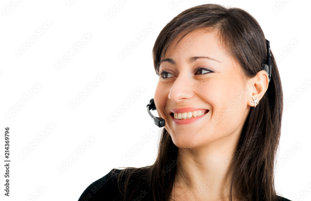 Beautiful consultant of call center in headphones on white background Beautiful consultant of call center in headphones on white background